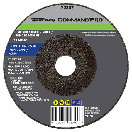 FORNEY Grinding Wheel, Metal, Type 27, 4 in x 1/4 in x 5/8 in 72307